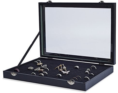 AKORD 100 Ring Velvet Jewellery Display Box Storage Tray Case Holder Stand Organiser, Wood, Black, 35.5 x 24.5 x 4.5 cm