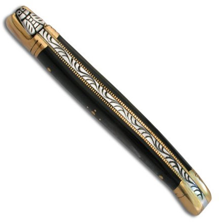 Couteau Laguiole pliant manche en corne noire mitres en laiton