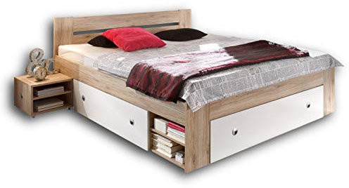 Stella Trading STEFAN Doppelbett Bettanlage 140 x 200 cm mit 2x Nachtkommoden - Schlafzimmer Komplett-Set in Eiche San Remo Optik, weiß - 145 x 86 x 204 cm (B/H/T)