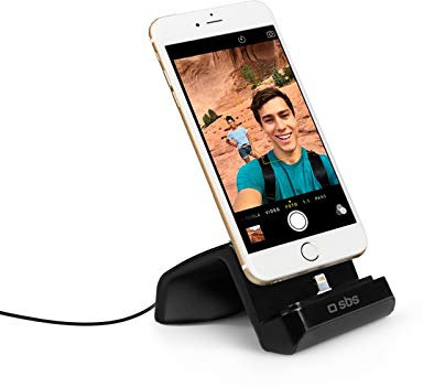 SBS Supporto da Tavolo Portatile con Connettore Lightning per Ricarica iPhone 13/iPhone 12/iPhone 11, Funzione Leggio, Cavo Incluso, Nero