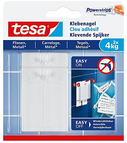 tesa® Klebenagel für Fliesen und Metall, spurlos wiederablösbar (4 kg / 3er Pack = 6 Nägel)