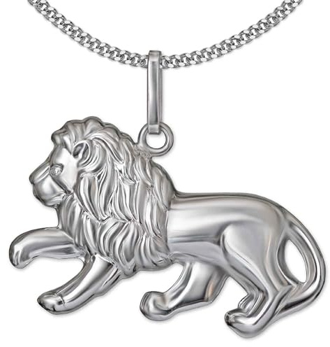 CLEVER SCHMUCK Halskette Löwe Anhänger 13 x 23 mm beidseitig 3D Form Kette Panzer 45 cm 925 Sterling Silber im Etui creme