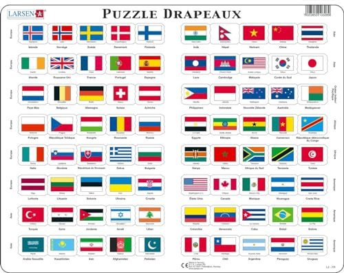 Larsen L2 Puzzle des Drapeaux, édition Français, Puzzle Cadre avec de 80 pièces