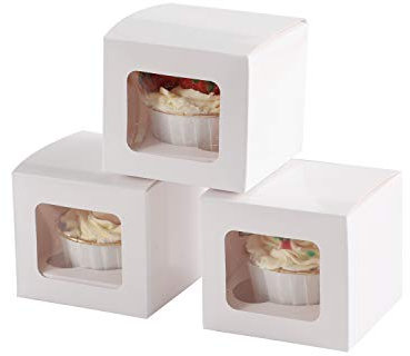 Komonee 12 x Cupcake Boxes Individual White Single Fairy Cup Cake With Clear Window Cardboard Packaging Box Baking Kids Muffins Cookies Brownies Christmas Bake Weddings