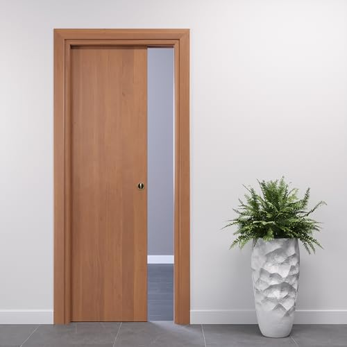 Porte Italiane, Porta Scorrevole Interno Muro, Porta a Scomparsa in Legno, Telaio in HDF e Coprifili Waterproof, Colore Noce Tanganica Naturale, 70x210 cm, con Serratura Ottone Lucido