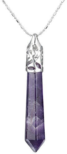 KYEYGWO Heilstein Punkt Anhänger Halskette für Damen und Herren, Hexagon Versilbertes Reiki Chakra Poliertes Steinpendel für Unisex, Amethyst Blumenbügel