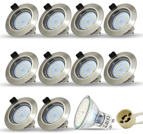Hibay Spot LED Encastrable GU10,10x 5W Spot Encastré Blanc Neutre 4500k Plafond COB,Trou 68mm,Plafonnier Encastré Inox Brossé 220V Avec GU10 Ampoules,Pour Chambre,Bureau,Cuisine