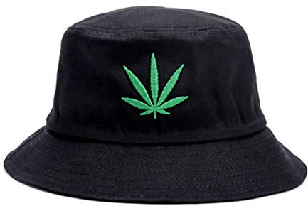 XuoAz Cotton-Bucket Hut für Damen, mit breiter Krempe, UV-Schutz, Sonne, Mütze, Weed Marihuana Bestickt - Schwarz -