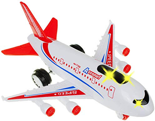 alles-meine.de GmbH Flugzeug - Sound/Geräusche - Musik + Licht - mit Schwungrad Antrieb - 18 cm - rot - bewegliche Räder - zum Aufziehen & Fahren/Aufziehfahrzeug/Aufziehspi..