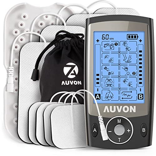 AUVON Dual Channel TENS Machine for Pain Relief, TENS Unit Muscle Stimulator with 20 Modes, 2 and 2x4 TENS Pads Replacement (Black)