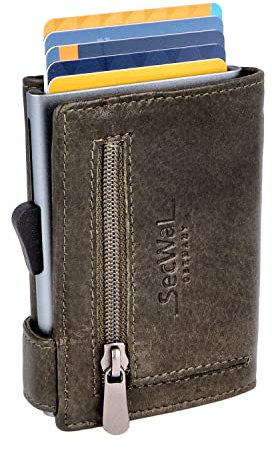 SecWal Kartenetui mit Münzfach Reißverschluss - Made in Germany - Echtleder Geldbörse inkl. E-Book für Damen und Herren - RFID Schutz Portemonnaie Leder - Geldbeutel klein (Vintage Grün)