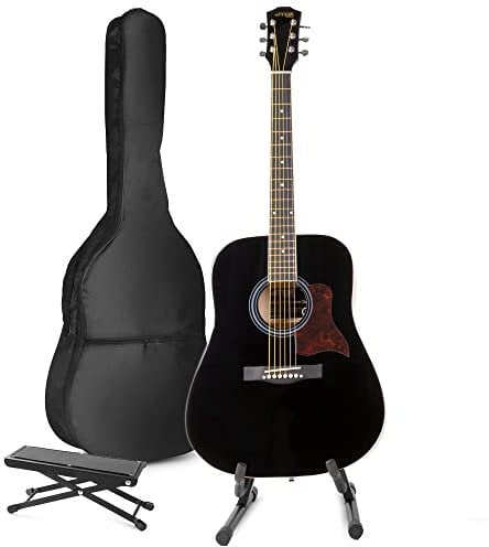 MAX SoloJam Akustik Gitarre Set - Westerngitarre, Ständer, Fußstütze, Tasche, Plektrum, Stimmgerät, Schultergurt, Saiten - Schwarz