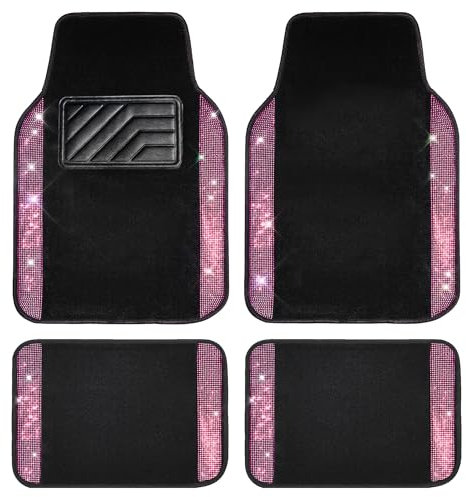 CAR PASS Tapis de Sol de Voiture avec Strass Brillants, Strass Scintillants, Talonnette antidérapante en PVC, Ajustement Universel pour SUV, berline, camionnette, 4 pièces, pour Fille et Femme