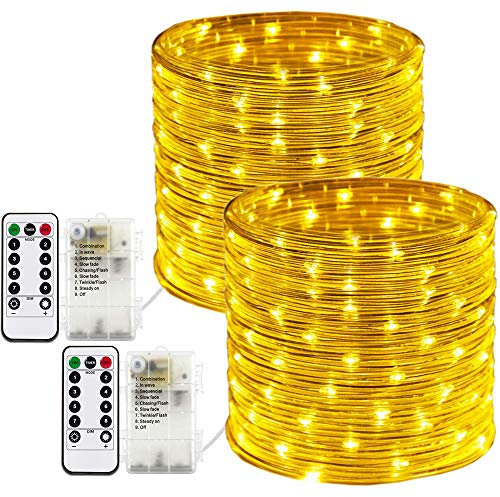 RcStarry 2 Stück Durchmesser 3mm Batterie LED Lichtschlauch Außen, 100 LEDs 10 Meter Wasserdicht Schlauch Lichterkette 8 Modi mit Fernbedienung Dekoration für Weihnachten, Garten, Hochzeit - Warmweiß