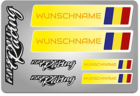 4er Set Aufkleber mit Fahne Flagge und wahlweise Name Sticker für Auto Fahrrad Motorrad Roller Helm im Rallye Racing Design R156 (24 Rumänien, Mit Wunschname)