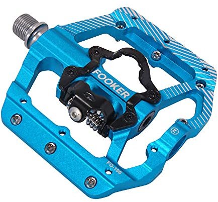 FOOKER Mountainbike-Pedale mit 3 Lagern, flache Plattform, kompatibel mit SPD, Dual-Funktion, versiegelt, Clipless-Aluminium, 9/16 Zoll, Pedale mit Stollen für die Straße (blau, 3 Lager)