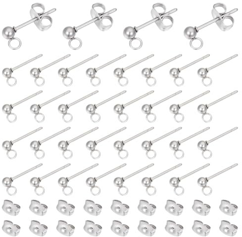 UNICRAFTALE 50 pieza 304 pendientes de Tuerca de Bola de Acero Inoxidable Pendientes de Tuerca Hipoalergénicos con Arandelas para Hacer Joyas Pin de 0.8 mm