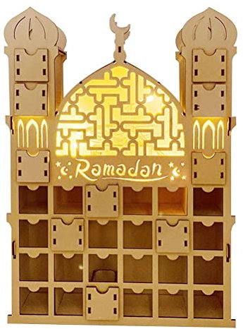 Adventskalender 2022 Ramadan-Dekorationen, Ramadan-Countdown-Kalender DIY Schubladen-Countdown-Kalender beleuchtet Eid Mubarak-Adventskalender aus Holz Ramadan muslimische islamische Tischdekoration