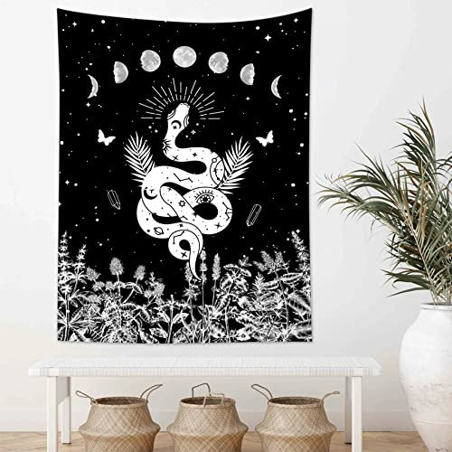 LB Schlange Wandteppich Mond Phase Wandtuch Botanische Pflanzen Wandbehang Schwarz und Weiß Tapisserie für Wohnzimmer Schlafzimmer Wohnheim Wanddeko,130x150cm