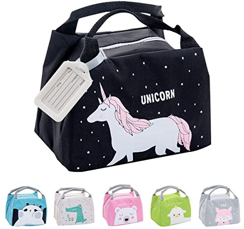 Hillylolly Cartoon Lunch Bags for Women, Thermo Tasche Mini, Isolierte Lunch Tasche Damen, Kühltasche Mini, Lunchtasche Kinder Isoliert, Für Schule Picknick Lunch Reisen (Schwarz)