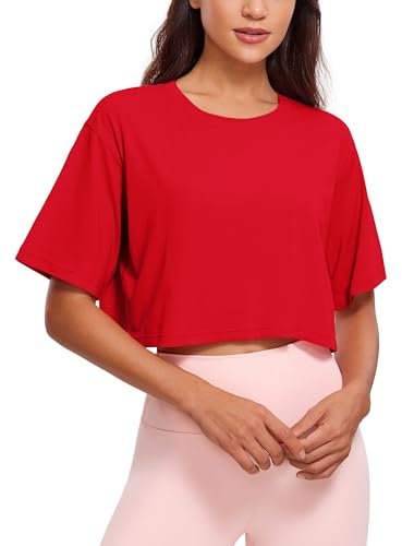 CRZ YOGA Damen Sport T-Shirt Kurzarm Sommer Fitness Crop Oberteile Crew Neck Leichte Yoga Top Atmungsaktiv Laufshirt Festival Rot 40