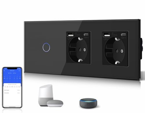 BSEED Doppelt 3 in 1 Steckdose mit 2.1A USB Ladeleistung mit Type C Adapter + 1 Fach 1 Weg Smart Alexa Touch Lichtschalter Glas Wifi Schalter(Neutralleiter Benötigt) Tuya/Google Home Schwarz