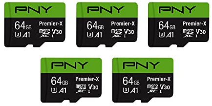 PNY 64GB Premier-X Class 10 U3 V30 microSDXC Flash Memory Card 5-Pack - 100MB/s, Class 10, U3, V30, A1, 4K UHD, Full HD, UHS-I, Micro SD