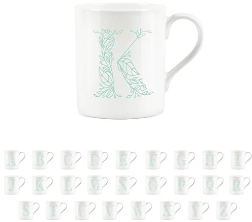 Purely Home Floral Green Letter K Mug - Fine Bone China Small Coffee Tea Mug Present Personalised Initial Gift
