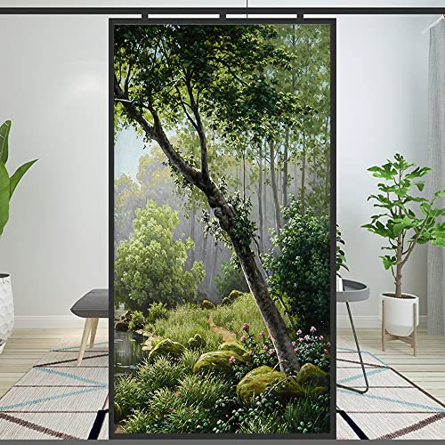 Lumanduo Fensterfolie Privatsphäre Dekorative Wald Bach Landschaft Ölgemälde Statisch Haftung Fensteraufkleber Kein Kleber Fensterabdeckungen Fensterfarbe (Grün, 52 x 100 cm)