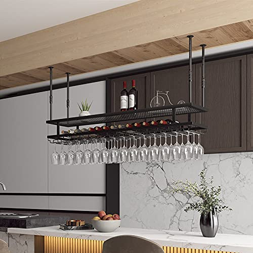 BTZHY Portabottiglie,Mensola da soffitto Industriale da Appendere con Supporto in Vetro, portabicchieri da Vino Regolabile da Bar a soffitto, mensola Galleggiante a 2 Livelli, per Esposizione, con