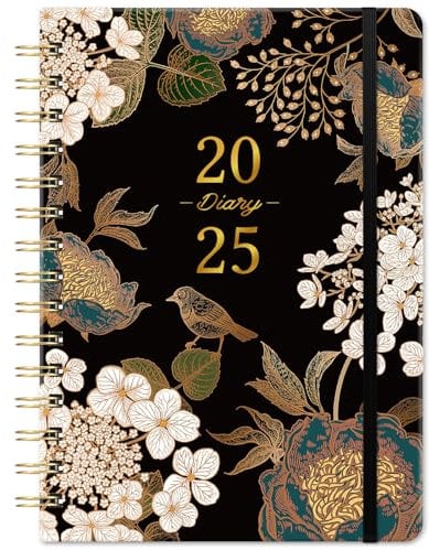Diary 2025 - A5 Week to View Diary 2025, Jan.2025 - Dec.2025, Twin-wire Binding, Beautiful and Elegant Hardcover, 21.5 x 15.5 x 1.5 cm - Black and Gold