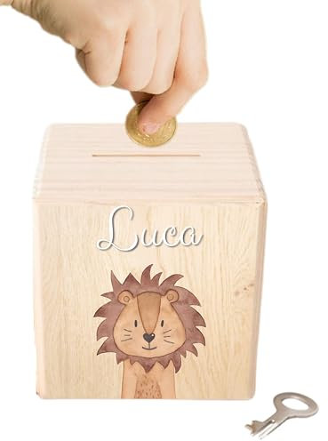 wunderwunsch - Personalisierte Spardose Kinder aus Holz mit Metallschloss - Spardose mit Namen mit 3D Acryl-Schrift zum Sparen für Kinderträume