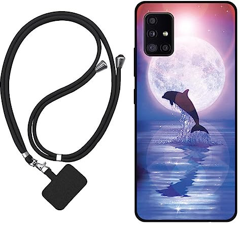 Sunrive Hülle Kompatibel mit Samsung Galaxy A51 5G Case,matt Handyhülle Schutzhülle Etui Karikatur Muster TPU Backcover (Mond,Delphine,Meer) +1x Universale Handykette