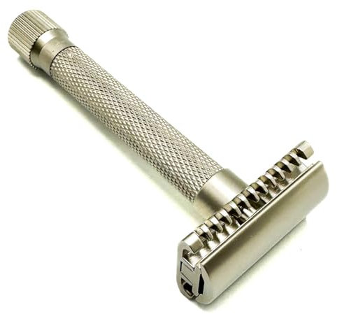 Parker Safety Razor DIE VARIANTE MIT OFFENEM KAMM – EINSTELLBARER Rasierer, Rasur mit einer Drehung des Einstellrads von mild auf aggressiv, 5 Klingen im Lieferumfang enthalten (Seidenmatt verchromt)