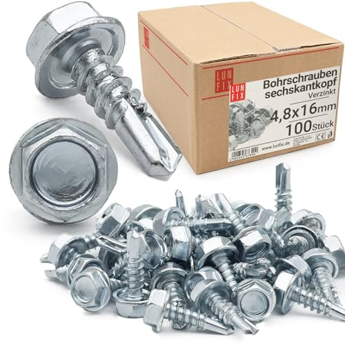 Lun Fix Bohrschrauben 4,8 x 16 mm | 100 Stk. | Verzinkter Stahl, Sechskantkopf, Blechschrauben selbstschneidend,selbstschneidende Schrauben,trapezblechschrauben mit Bohrspitze