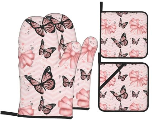 Butterfly Pink Ofenhandschuhe und Topflappen Sets - Vielseitige Kochhandschuhe und Backhandschuhe, Küchenhandschutz, hitzebeständige Topflappen