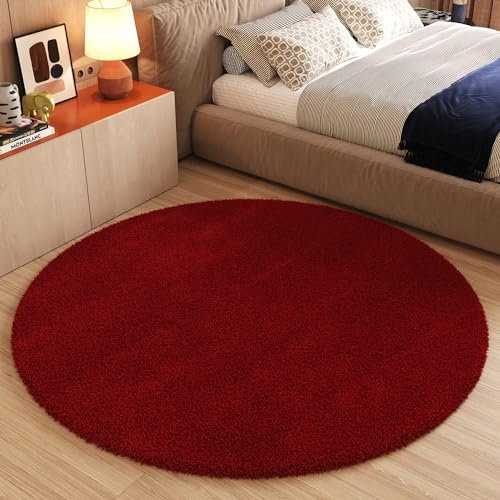 TAPISO Essence Teppich Rund Rot Dunkelrot Hochflor Langflor Shaggy Einfarbig Weich Flauschig Schlafzimmer Wohnzimmer Kinderzimmer ÖKO-TEX 100 x 100 cm