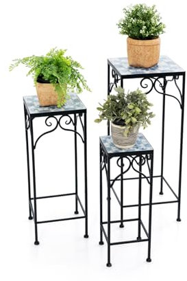 GOPLUS Lot de 3 Porte-Plantes en Métal, Support Pot de Fleurs Empilable avec Carreaux de Mosaïque, Cadre Métallique Robuste, Étagères à Fleurs de Tailles Différentes pour Salon, Jardin, Balcon, Bleu