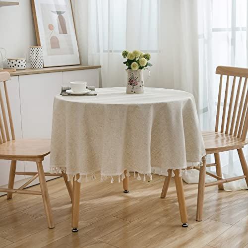 Runde Baumwoll-Leinen-Tischdecke, beige Jute-Tischdecke, 150 cm, fester Stoff-Tischbezug mit Quasten für Küche, Esszimmer, Tee, Kaffee, Schreibtisch, Party, Hochzeit, Urlaub (152,4 cm)