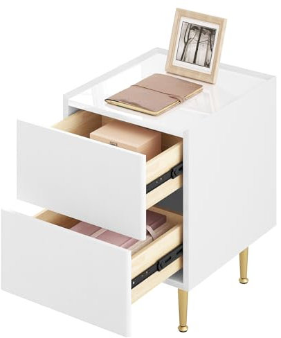 WOLTU Nachttisch mit 2 Schubladen, Beistelltisch Nachtschrank Hochglanz, 35x40x51cm, moderner Nachtkommode für Schlafzimmer, einfache Montage, Holz PVC+Metall, Weiß+Golden NTS10ws03