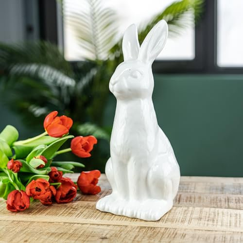 Keramik Osterdeko Hase sitzend 16 x 32cm weiß Dekofigur Oster-Dekoration Tisch-Deko Osterhase