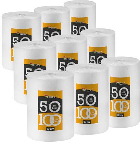 mituso 9x Luftpolsterfolie 50cm x 100m 60my - Schutzpolsterfolie für empfindliche Gegenstände | 100% recycelbar, Premium Qualität Noppenfolie | Versand- und Verpackungsfolie für Umzüge