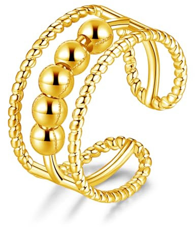 Kamise Silber Anxiety Ring für Damen, 925 Sterling Silber Anti Stress Ring, 5 Perlen Bead Spinner Angst Ringe, Moden Gold Angstring Zappelring, Offen Einstellbar Spinner Fidget Ring mit Geschenkbox