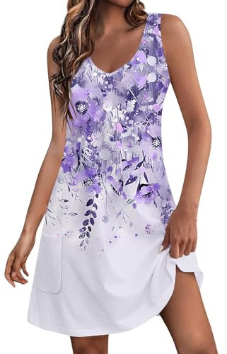 Generic Robe Boheme Femmes éTé Courte Robe Bohème Floral Imprimé Mini Robe Hawaïenne Mode Robe De Fête éLégante avec Poche Sexy Robe Cocktail Mariage Robe De Plage Femme Robe Violet Clair M