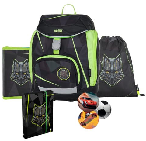 OXY BAG Schulranzen 5 Teilig Ergonomischer Schulrucksack Set Federmappe, Turnbeutel & Austauschbaren Patches Leicht Schulset Jungen Mädchen Schultasche Reflektierenden Elementent Back to School