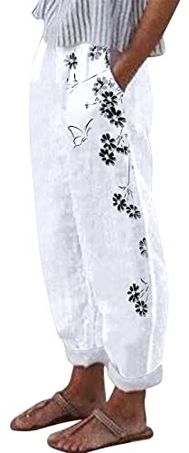 Damen High Waist Leinenhose Sommer Baggy 7/8 Lose Leinen Baumwolle Hose für Frauen Sommerhose Damen Leicht Luftige Stoffhose Freizeithose Pumphose Yogahose Jogginghose Sporthose S-XXL