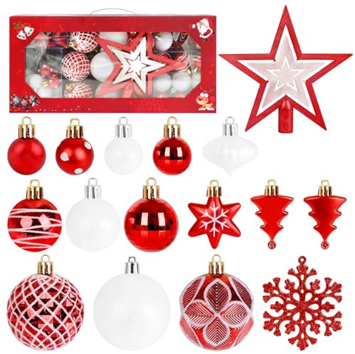 ZALAON 105 Pcs Babubles, 1.2/1.5/2/2.3 Inch Red/White Balls Decoration Shatterproof Tree Baubles Treetop Star Hanging Snowflakes Pedant Set With Strings for Christmas