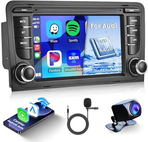 Hodozzy 2G+64G Android Radio de Coche para Audi A3 S3 RS3 2003-2012 con Wireless CarPlay Android Auto, Pantalla Táctil de 7 Pulgadas con GPS WiFi Bluetooth FM/RDS EQ USB Mirrorlink SWC + Cámara