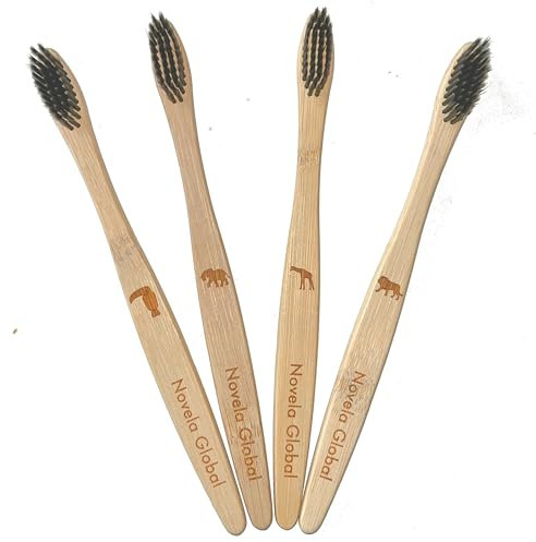 Novela Global - Brosses à dents Jungle en bambou naturel poils souples Pack de 20 pour toute la famille, Lion, Tucan, Girafe, Eléphant