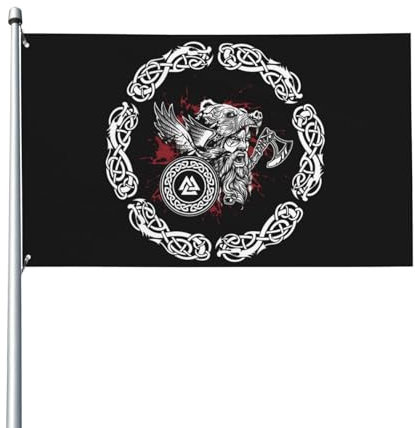 Bandera de 90 x 60 cm con símbolo de casco de runa antigua vikinga escandinava para colgar en el césped, decoración de patio, banderas de bienvenida con 2 ojales de metal, uso en interiores y